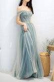 Dusty Blue Tulle Beaded Off-the-Shoulder Long Prom Dresses, Formal Dress, SP786