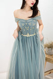 Dusty Blue Tulle Beaded Off-the-Shoulder Long Prom Dresses, Formal Dress, SP786 | cheap long prom dresses | formal dresses | evening gown | www.simidress.com