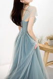 Dusty Blue Tulle Beaded Off-the-Shoulder Long Prom Dresses, Formal Dress, SP786 | beaded prom dresses | long formal dress | evening dresses online | www.simidress.com