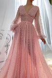 Dusty Rose A-line V-neck Long Sleeves Beaded Prom Dresses, Evening Dress, SP762