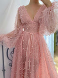 Dusty Rose A-line V-neck Long Sleeves Beaded Prom Dresses, Evening Dress, SP762 | tulle prom dresses | cheap prom dress | long formal dresses | www.simidress.com