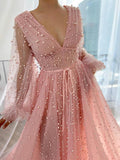 Dusty Rose A-line V-neck Long Sleeves Beaded Prom Dresses, Evening Dress, SP762 | tulle a line evening dress | evening gown | party dress | www.simidress.com
