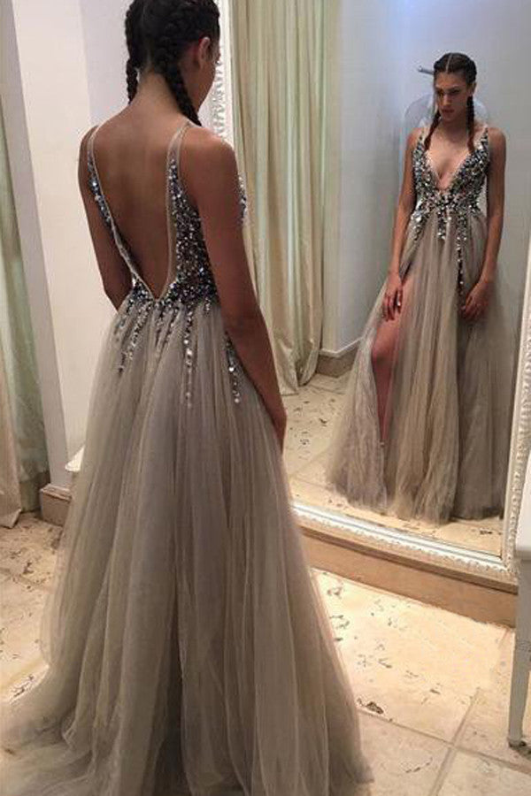 Grey Backless Deep V-neck Split Sweep Train Prom Dress with Beading, MI64