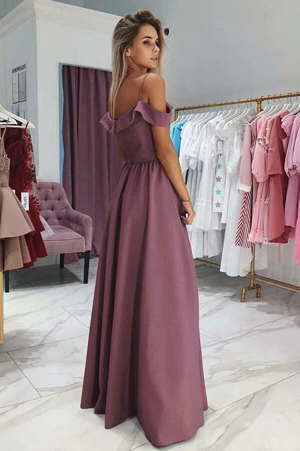 Elegant A-line Off Shoulder Spaghetti Straps Prom Dresses With Slit, SP891 | purple prom dresses | satin prom dresses | party dresses | simidress.com