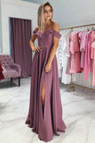 Elegant A-line Off Shoulder Spaghetti Straps Prom Dresses With Slit, SP891