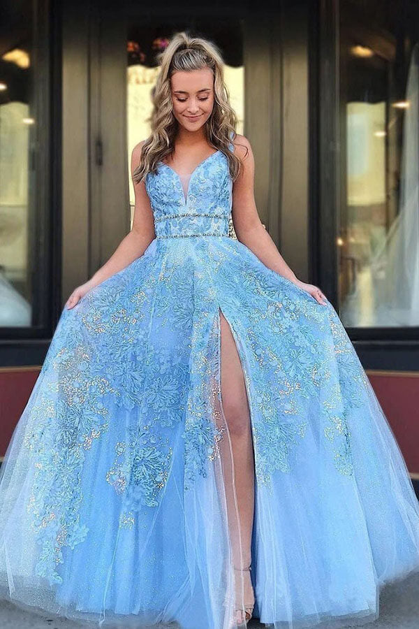 Elegant Blue A-line V-neck Lace Appliques Prom Dresses, Evening Dresses, SP695 | long prom dresses | evening dresses | formal dresses | party dresses | www.simidress.com