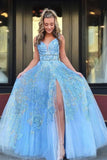 Elegant Blue A-line V-neck Lace Appliques Prom Dresses, Evening Dresses, SP695