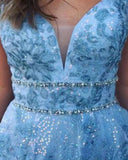 Elegant Blue A-line V-neck Lace Appliques Prom Dresses, Evening Dresses, SP695 | blue prom dresses | long prom dreses | prom | beaded prom dresses | evening gowns | www.simidress.com