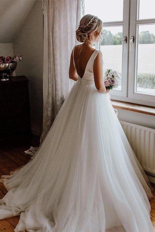 Ivory A-Line V Back Wedding Dress With Ribon Waist, SW432 | Simidress Ivory A-Line V Back Wedding Dress With Ribon Waist, SW432 | Simidress