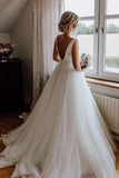Elegant Simple Ivory A-Line V Back Wedding Dresses With Ribon Waist, SW432