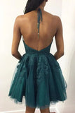 Emerald Green Tulle Lace Halter Homecoming Dresses, Graduation Dresses, SH599