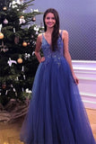Flowy Blue Tulle Lace A-line V-neck Beaded Long Prom Dresses, Party Dress, SP687
