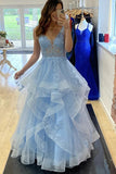 Fluffy Blue Layered Tulle Lace A-line V-neck Long Prom Dresses, Evening Dress, SP845
