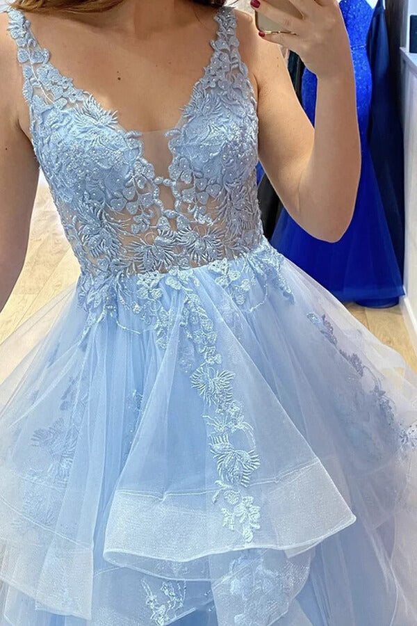 Fluffy Blue Layered Tulle Lace A-line V-neck Long Prom Dresses, Evening Dress, SP845 | cheap prom dresses | tulle prom dresses | evening gown | simidress.com