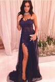 Modest Beautiful Purple Sweetheart Side Split Prom Dresses with Lace and Tulle,M225