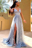 Glittering Blue A-line V Neck Long Prom Dresses With Slit, Evening Dresses, SP839