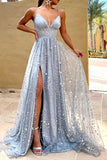 Glittering Blue A-line V Neck Long Prom Dresses With Slit, Evening Dresses, SP839 | tulle prom dresses | prom dresses online | evening gowns | simidress.com