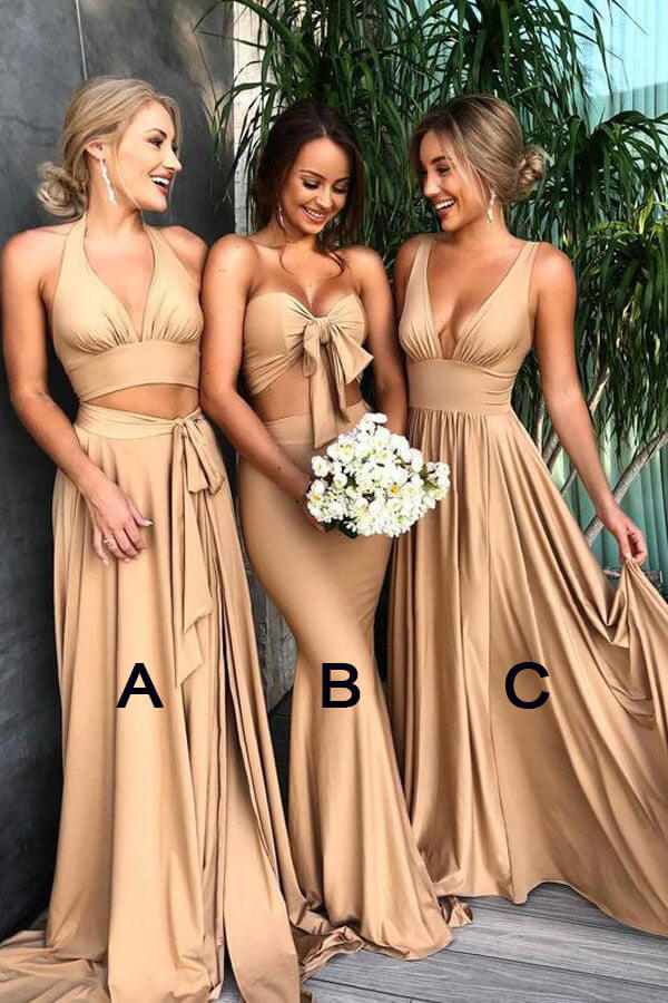 Gold Spandex A-line Sweep Train Bridesmaid Dresses BD124 | Simidress Gold Spandex A-line Sweep Train Bridesmaid Dresses BD124 | Simidress
