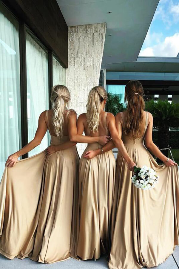Gold Spandex A-line Sweep Train Bridesmaid Dresses BD124 | Simidress Gold Spandex A-line Sweep Train Bridesmaid Dresses BD124 | Simidress