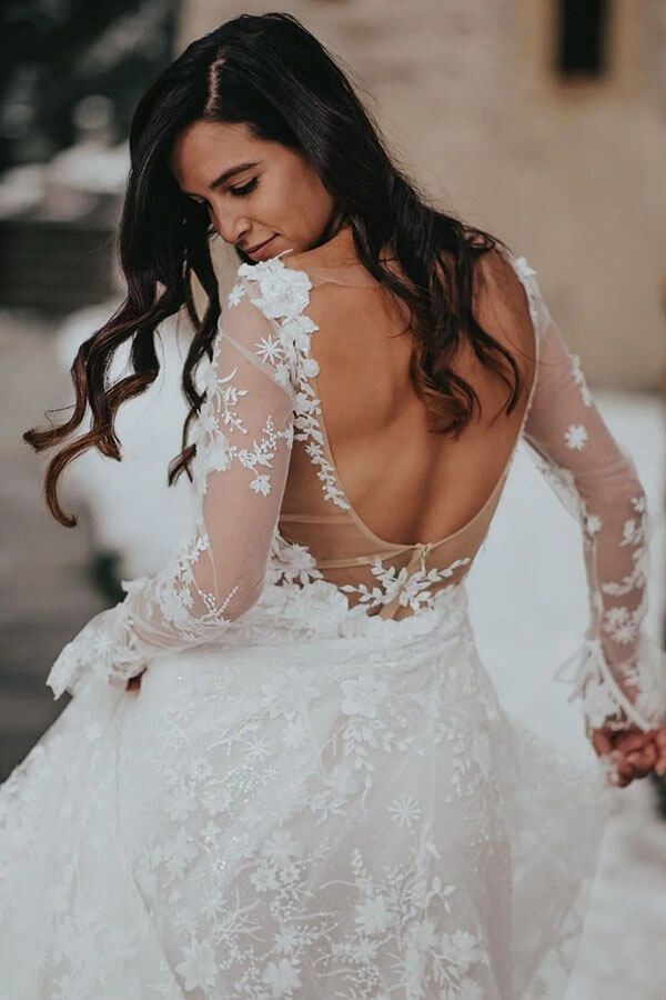 Gorgeous A-line V-neck Long Sleeve Lace Wedding Dresses, Bridal Gowns, SW566 | tulle wedding dresses | bohemian wedding dresses | wedding gowns | simidress.com