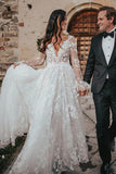 Gorgeous A-line V-neck Long Sleeve Lace Wedding Dresses, Bridal Gowns, SW566