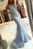 Gorgeous Light Blue Lace Mermaid V-neck Beaded Long Prom Dresses, SP743