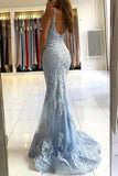 Gorgeous Light Blue Lace Mermaid V-neck Beaded Long Prom Dresses, SP743 | mermaid prom dresses | tulle prom dress | long formal dresses | www.simidress.com