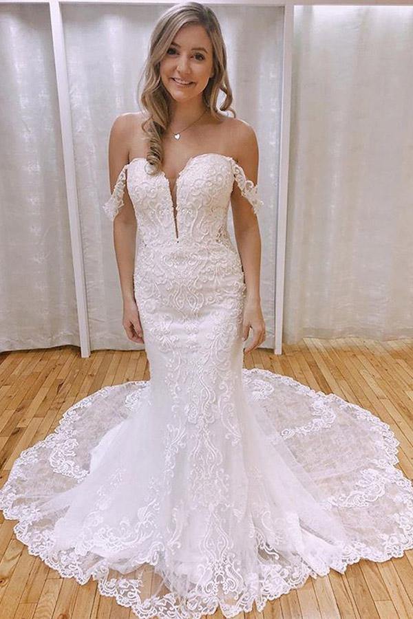 Gorgeous Mermaid Off-the-Shoulder Lace Wedding Dresses, Bridal Gowns, SW523 | mermaid wedding dresses | lace wedding dress | bridal gown | www.simidress.com