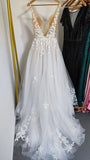 Gorgeous Tulle A-line Deep V Neck Wedding Dresses With Lace Appliques, SW544 | vintage wedding dresses | wedding dresses near me | wedding gowns | simidress.com