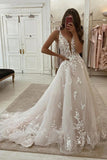 Gorgeous Tulle A-line Deep V Neck Wedding Dresses With Lace Appliques, SW544