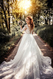 Gorgeous Tulle A-line Illusion Neckline Long Sleeves Lace Wedding Dresses, SW542
