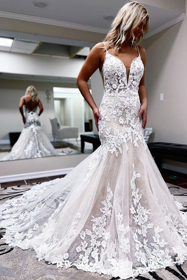 Gorgeous Tulle Mermaid V-neck Spaghetti Straps Lace Wedding Dresses, SW606 | cheap lace wedding dress | wedding gown | mermaid wedding dresses | simidress.com