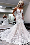 Gorgeous Tulle Mermaid V-neck Spaghetti Straps Lace Wedding Dresses, SW606