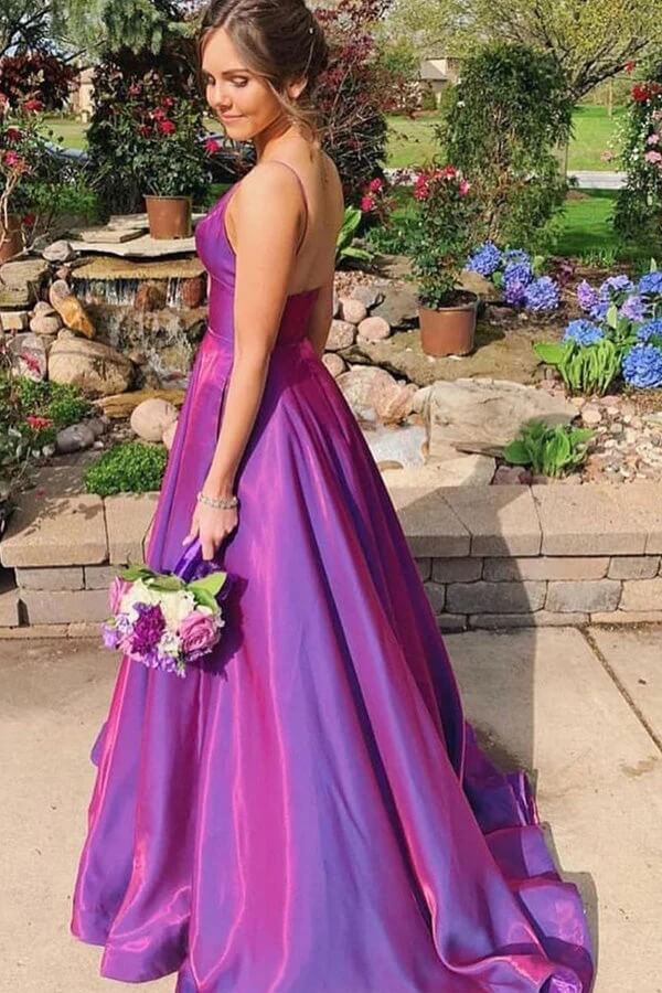 Grape Satin A-line V-neck Spaghetti Straps Prom Dresses With Pockets, SP959 | simple prom dresses | cheap prom dress | party dress | simidress.com