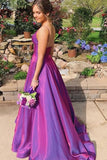 Grape Satin A-line V-neck Spaghetti Straps Prom Dresses With Pockets, SP959 | simple prom dresses | cheap prom dress | party dress | simidress.com