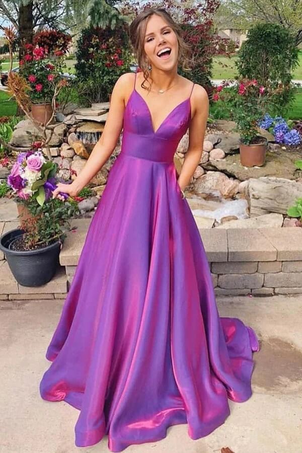 Grape Satin A-line V-neck Spaghetti Straps Prom Dresses With Pockets, SP959 | purple prom dress | shiny prom dress | evening gown | simidress.com