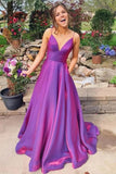 Grape Satin A-line V-neck Spaghetti Straps Prom Dresses With Pockets, SP959