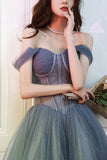 Gray Blue Tulle A-line Sweetheart Neck Long Prom Dresses, Evening Dresses, SW525 | plus size prom dress | prom dress near me | long prom dress | www.simidress.com