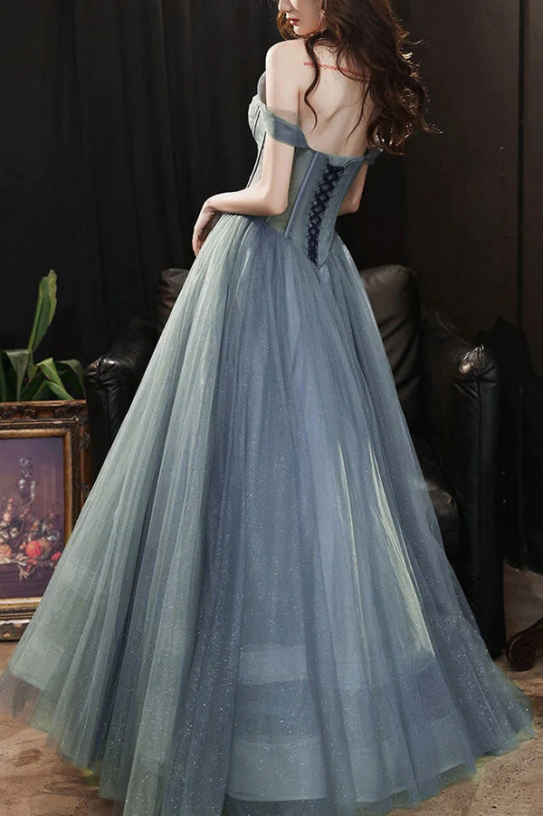 Gray Blue Tulle A line Sweetheart Long Prom Dresses SW525 Simidress