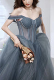 Gray Blue Tulle A-line Sweetheart Neck Long Prom Dresses, Evening Dresses, SW525 | sexy prom dress | prom dresses online | evening gowns | www.simidress.com