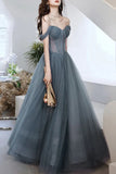 Gray Blue Tulle A-line Sweetheart Neck Long Prom Dresses, Evening Dresses, SW525