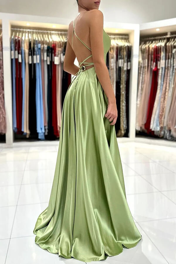 Green A-line Satin Backless Simple Prom Dresses With Side Slit, Formal Dress, SP920 | long formal dresses | evening dress | a line prom dress | simidress.com