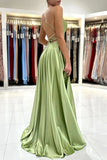 Green A-line Satin Backless Simple Prom Dresses With Side Slit, Formal Dress, SP920 | long formal dresses | evening dress | a line prom dress | simidress.com