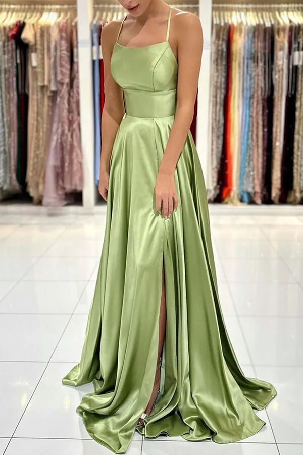 Green A-line Satin Backless Simple Prom Dresses With Side Slit, Formal Dress, SP920 | green prom dress | simple prom dress | cheap prom dress | simidress.com