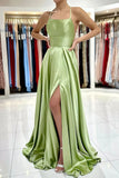 Green A-line Satin Backless Simple Prom Dresses With Side Slit, Formal Dress, SP920