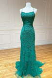 Green Lace Mermaid Backless Spaghetti Straps Prom Dresses, Evening Gown, SP767