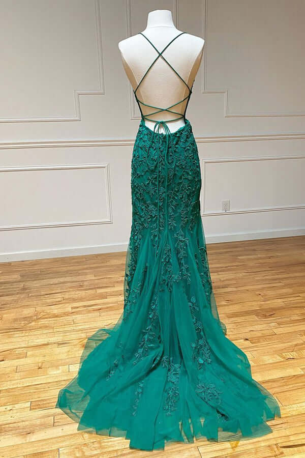 Green Lace Mermaid Backless Spaghetti Straps Prom Dresses, Evening Gown, SP767 | cheap lace prom dress | long formal dress | evening gown | www.simidress.com