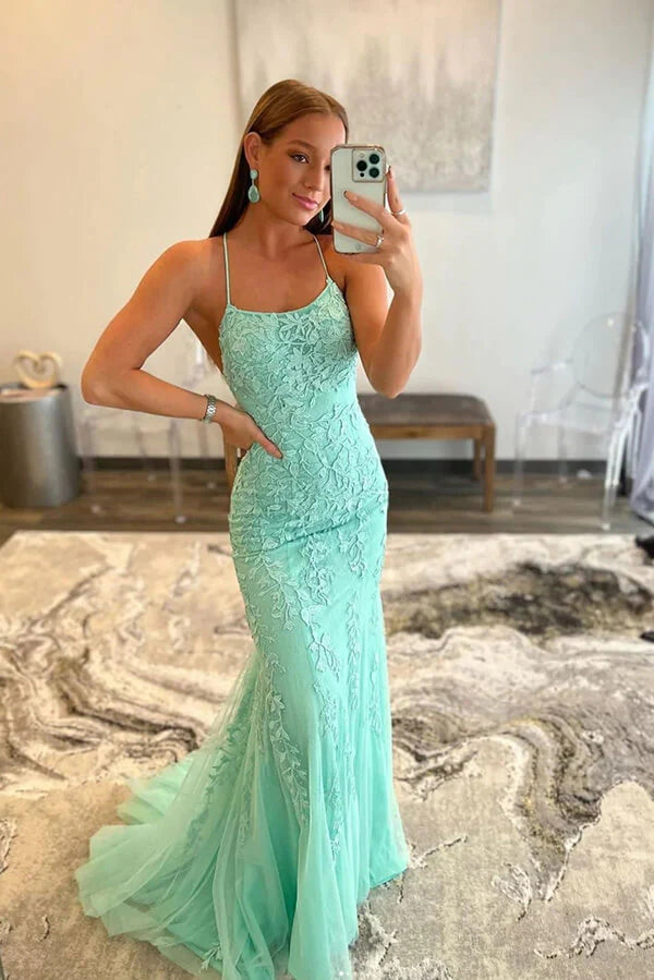 Green Mermaid Tulle Long Prom Dresses With Lace Appliques, Party Dress, SP919 | cheap prom dresses | evening dresses | evening gown | simidress.com