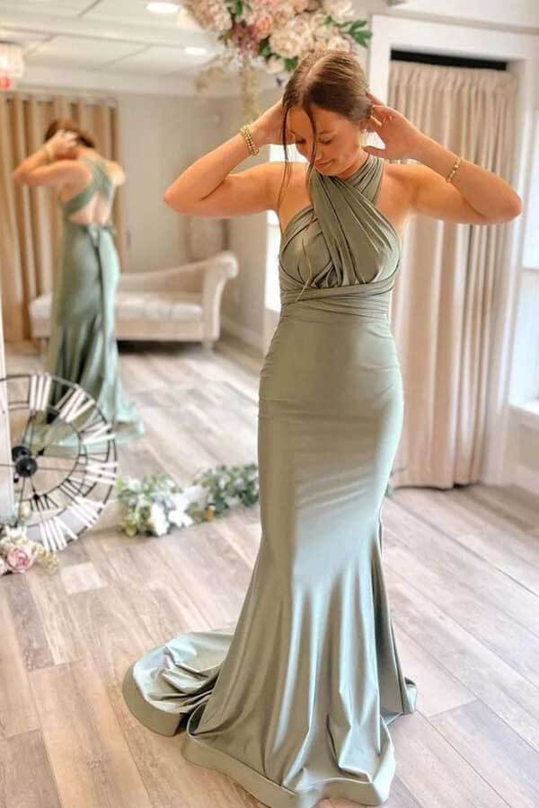Green Satin Mermaid Sweep Train Bridesmaid Dresses, Wedding Party Dress, BD125 | mermaid bridesmaid dress | maid of honor dresses | bridesmaid outfit | www.simidress.com