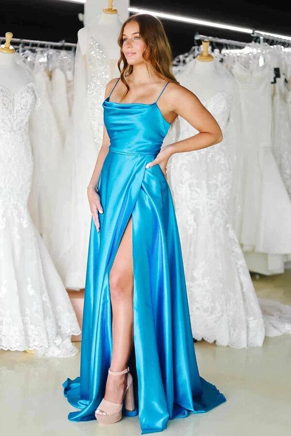 Green Satin A line Cowl Neck Prom Dresses With Slit SP949 Simidress